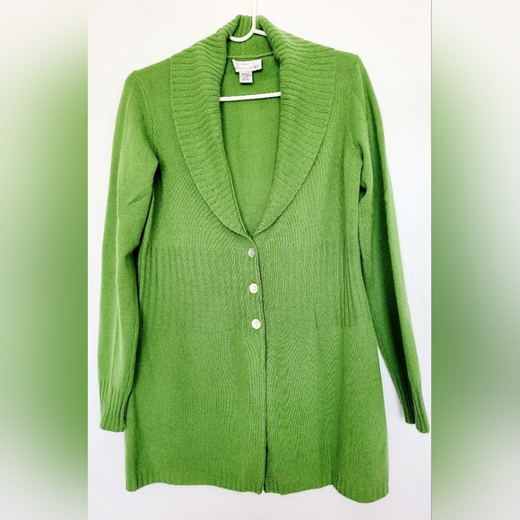 Presious Fibers Women 100%Cashmere Long Cardigan Pearl Buttons Green Small - Picture 2 of 11